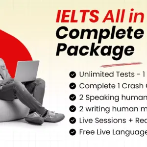 CD IELTS All-in-One Complete Package, featuring comprehensive materials for IELTS exam preparation including grammar, reading, writing, speaking, and listening practice."